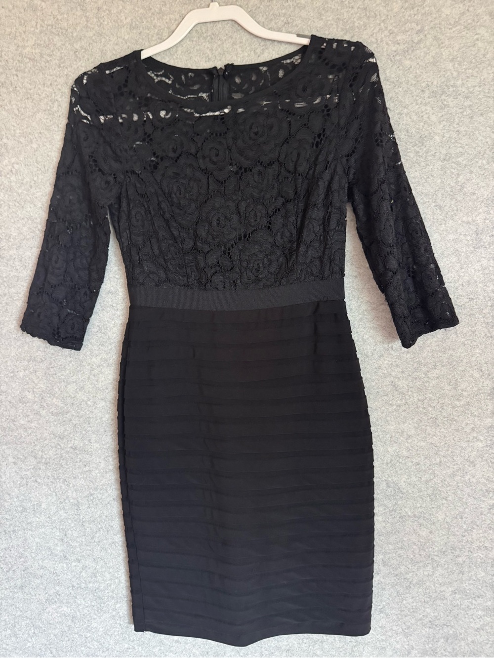 Adrianna Papell Shutter Pleat Black Lace Sheath Dress with Three-Quarter Sleeve